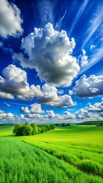 Vibrant green rolling fields under a dramatic blue sky with fluffy clouds