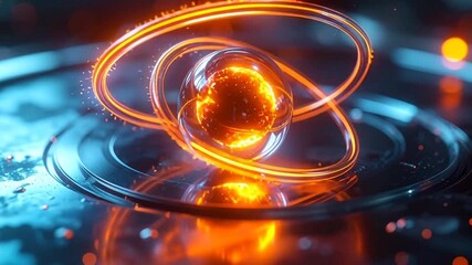 Abstract glowing core spinning with energy rings in dark environment with reflections