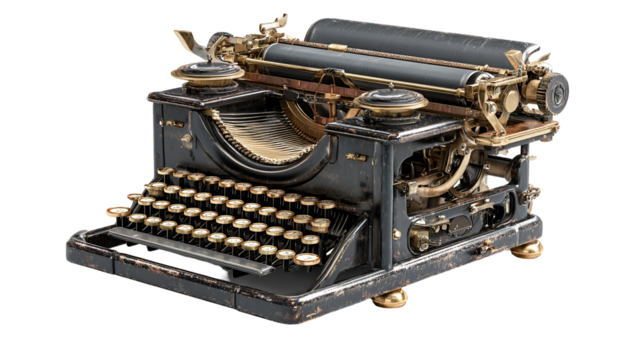 Intricate steampunk mechanical typewriter on a dark background