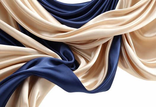 Elegantly draped silk fabric in luxurious navy and gold tones perfect for backgrounds, fashion designs, and sophisticated textile concepts - Powered by Adobe