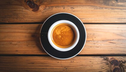 A close-up top view of a classic espresso coffee served in an elegant cup, sitting on a wooden café table.