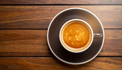 A close-up top view of a classic espresso coffee served in an elegant cup, sitting on a wooden café table.