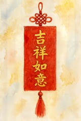 Chinese New Year Festival Decorations and Food in Watercolor Style