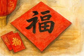 Chinese New Year Festival Decorations and Food in Watercolor Style