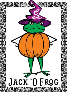 Halloween Frog in Witch Hat and Pumpkin Costume