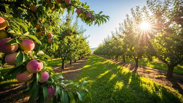 Ripe plum orchard rows bathed in golden sunbeams with sun flares and close up fruit detail tree Ai HD video.