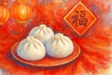 Chinese New Year Festival Decorations and Food in Watercolor Style
