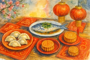 Chinese New Year Festival Decorations and Food in Watercolor Style