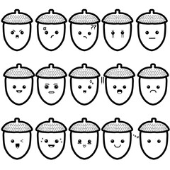 Cute acorn doodle character with various expressions and  highlighted heart eyes, an outline black and white illustration set for stickers, emoji, and coloring books.  © Winterblue