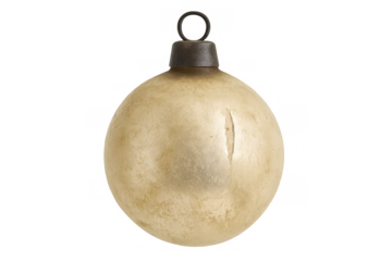 Vintage christmas ornament bauble displaying antique gold finish and aged texture, isolated with transparent background