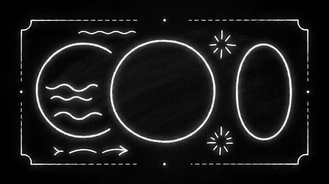 A chalkboard-style composition features three overlapping white circles and a frame, creating a striking design