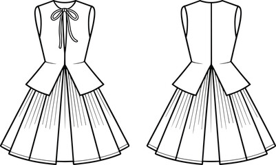 Fashion technical flat dress illustration, sleeveless pleated skirt design, peplum waist detail, front and back garment construction drawing, vector line art