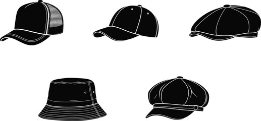 Hat illustration collection, baseball cap drawing, newsboy cap sketch, bucket hat outline, fashion accessory artwork, vintage and modern headwear design