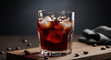 Iced Black Coffee in Glass with Ice Cubes on Wooden Board – Realistic Beverage Photography