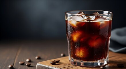 Iced Black Coffee in Glass with Ice Cubes on Wooden Board – Realistic Beverage Photography