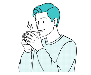 温かい飲み物（コーヒーやお茶）を飲む男性の線画イラスト,リラックス,休憩,冬,癒やし,ライフスタイル