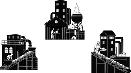 Industrial factory production illustration, workers operating machinery, conveyor belt process, manufacturing technology, workplace teamwork, automated system, packaging and assembly line