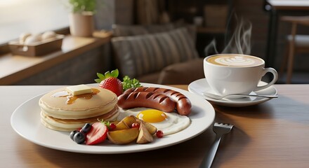 Cozy Cafe Breakfast with Pancakes, Coffee, and Fresh Fruits