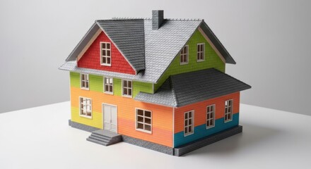 Colorful model house with gray roof and stairs on a white surface