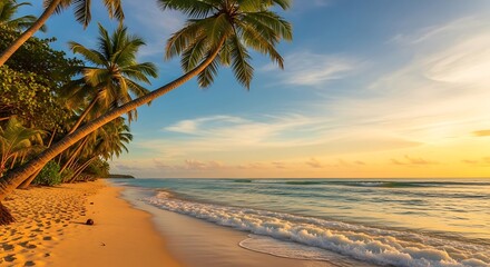 Tropical Beach Sunset with Palm Trees and Ocean Waves – Realistic Coastal Landscape Photography