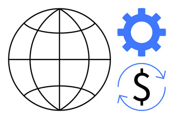 Sphere representing the world, gear symbolizing industry, and dollar with arrows for economic exchange. Ideal for business, globalization, economy, technology, trade finance sustainability. Simple