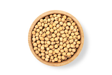 Bowl of soybeans isolated on white background. Top view
