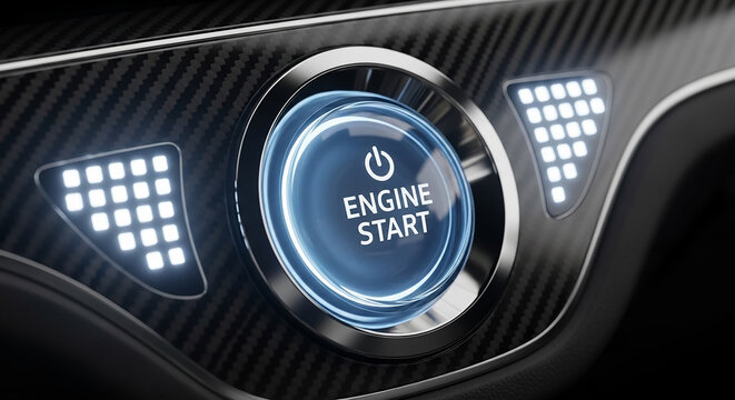Car engine start stop button glowing blue - Powered by Adobe