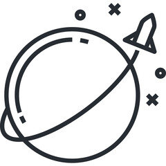 Simple Line Art Icon of a Rocket Ship Orbiting A Planet With Stars And Crosses On A Transparent Background Representing Space Exploration And Technology