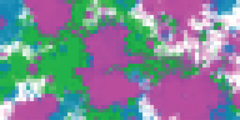 Vibrant abstract pixel art with a chaotic yet harmonious blend of bright pink, green, turquoise, and white squares, creating a dynamic and energetic mosaic effect perfect for modern digital art