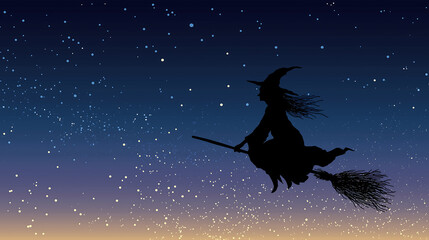Halloween witch flying silhouette on broomstick night sky stars art
