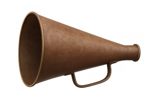 Retro brown bullhorn megaphone, a classic item for spreading loud messages, communication, and shouting announcements. Transparent background
