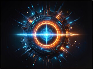 A futuristic, cybernetic orb radiates vibrant blue and orange energy against a dark void, surrounded by sleek geometric structures and glowing particle trails  evoking advanced technology or cosmic po