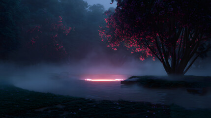 Mystical Ambiance: An ethereal scene of a lake, shrouded in mist, illuminated by the radiant glow of neon lights and the shadowy allure of majestic trees.