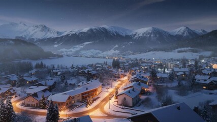 Experience the magic of a snow-covered village nestled amidst majestic mountains under a starlit sky in this stunning alpine escape video
