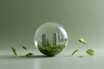 eco-friendly d illustration, minimalist d rendering shows a green sphere with urban buildings, surrounded by leaves and fragments, on a light green background conveys environmental protection and