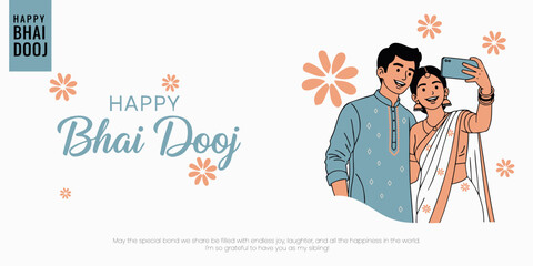 Happy Bhai Dooj greeting banner. A joyful brother and sister are taking a selfie on a smartphone, celebrating their loving sibling bond. Flat vector illustration with floral elements.