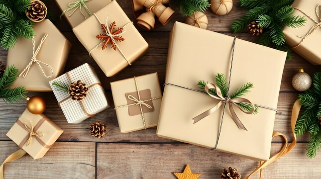 An overhead shot of christmas gifts wrapped in brown paper, tied with string, and decorated with greenery on a wooden surface