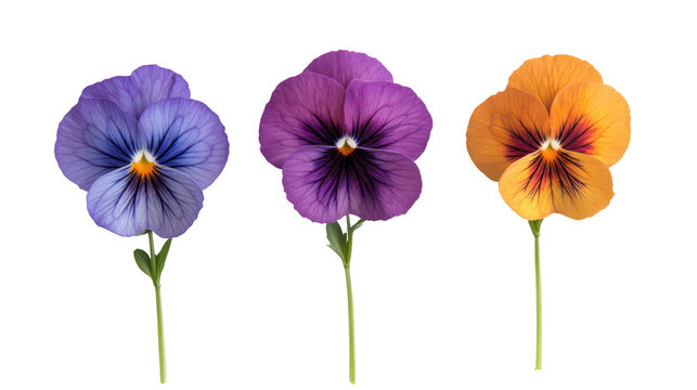 Three colorful pansy flowers isolated on transparent background