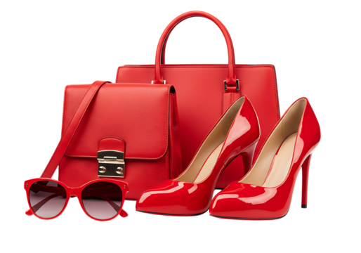 Red handbag, high heels, and sunglasses isolated on transparent background