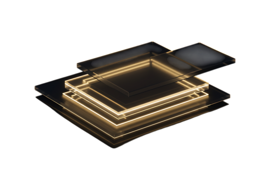 Illuminated squares isolated on transparent background create a layered effect