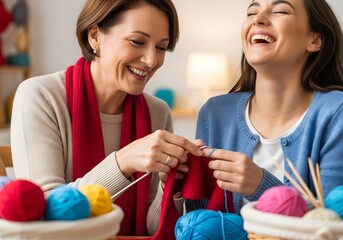 Two women laughing while knitting together with colorful yarn balls