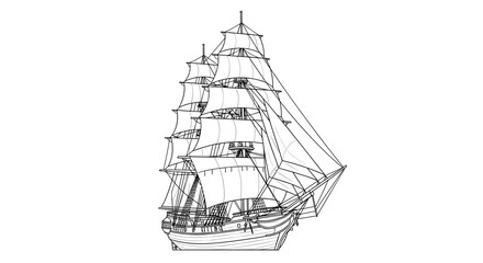 Vector art of detailed line drawing of a tall ship, sailing vessel