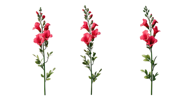 Three pink snapdragon stems isolated on transparent background