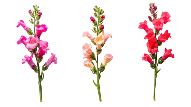 Three stems of snapdragon flowers in pink peach and red isolated on transparent background