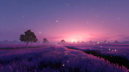 Purple Fields at Dusk: An ethereal landscape unfolds, where lavender fields stretch towards a horizon painted with the soft hues of dusk. A solitary tree stands silhouetted against the vibrant sky. 