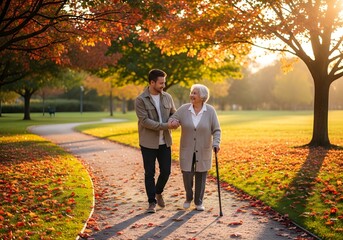 Man and elderly woman walking in park during autumn with colorful leaves