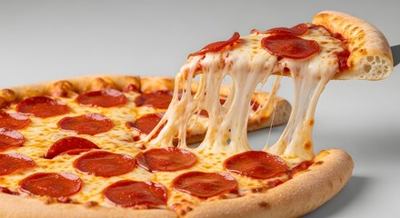 A slice of pepperoni pizza with melted cheese stretching out from the crust, held by a spatula, against a white background.