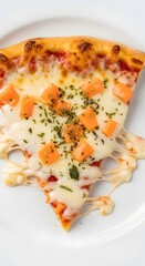 A slice of pizza with cheese, tomato sauce, and carrot pieces on a white plate.