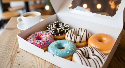 A box of six colorful donuts with sprinkles and drizzles, placed on a wooden table with a cup of coffee in the background.