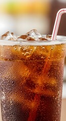 A close-up of a clear plastic cup filled with a dark liquid, possibly soda or cola, with ice cubes and a straw. The background is blurred, focusing attention on the cup.
